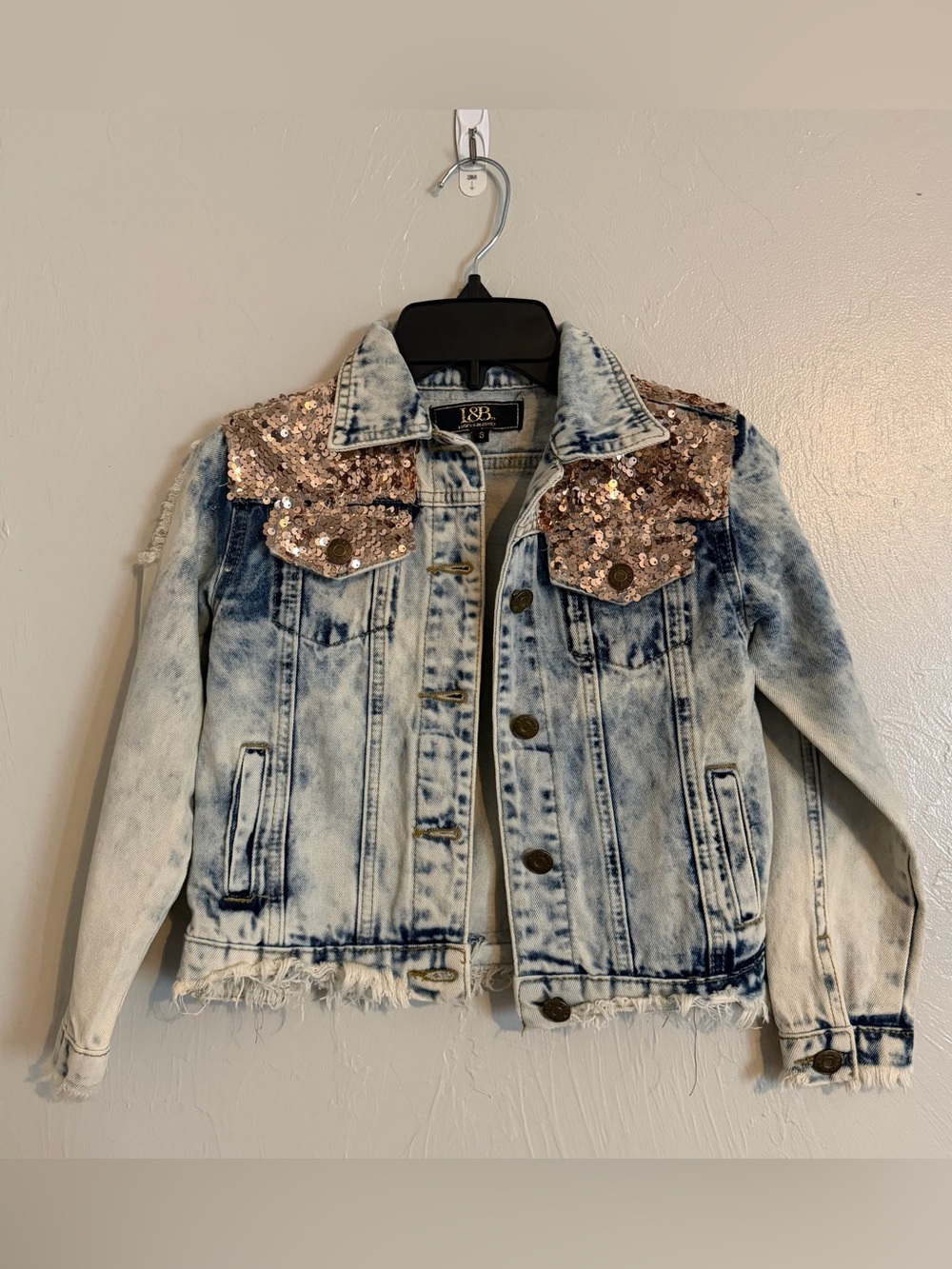 Kids Distressed Denim Jacket with Rose Gold Sequin Accents